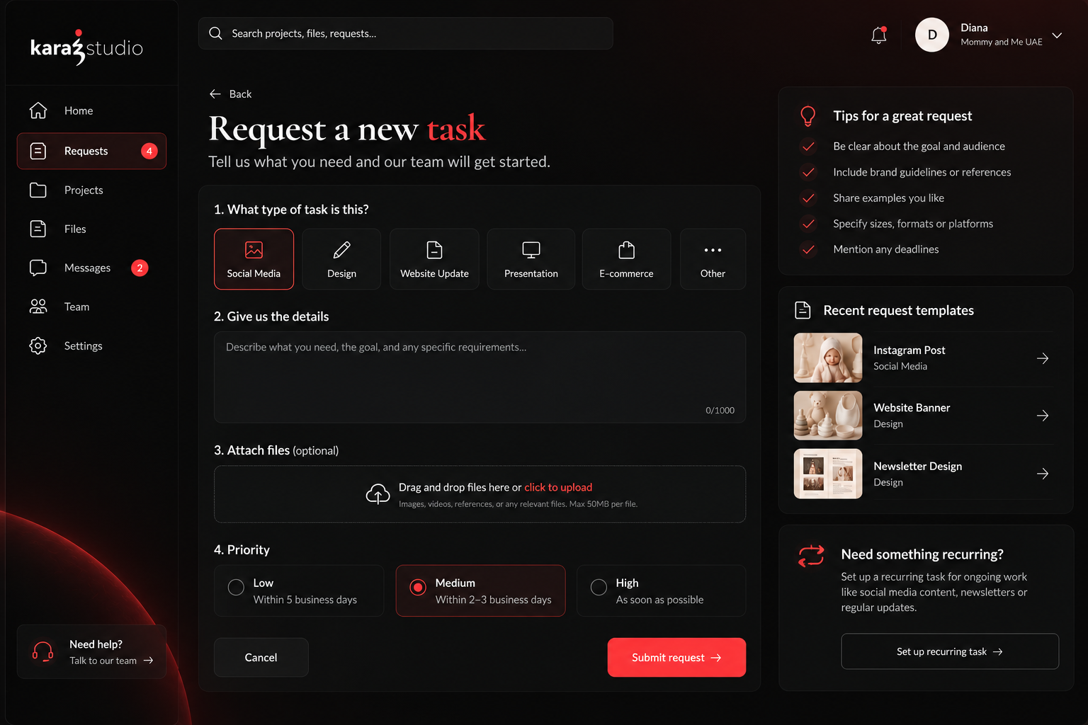 Z+ request a task screen